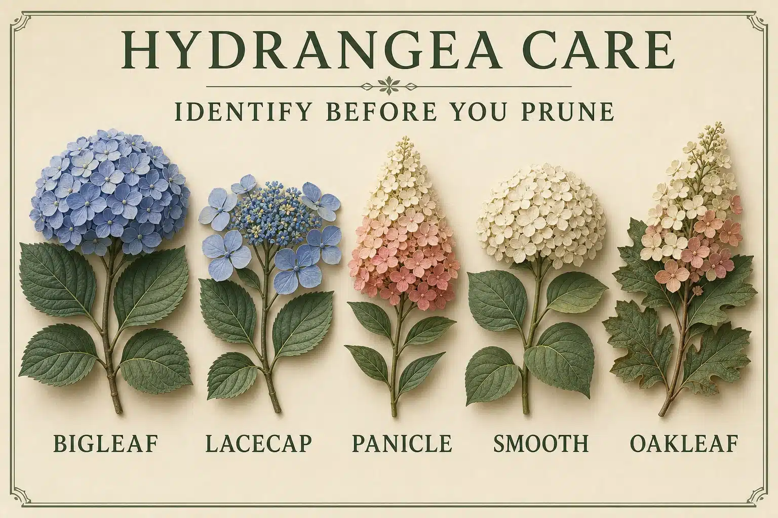 Stylized 3D botanical hydrangea care plate comparing bigleaf mophead, lacecap, panicle, smooth, and oakleaf forms