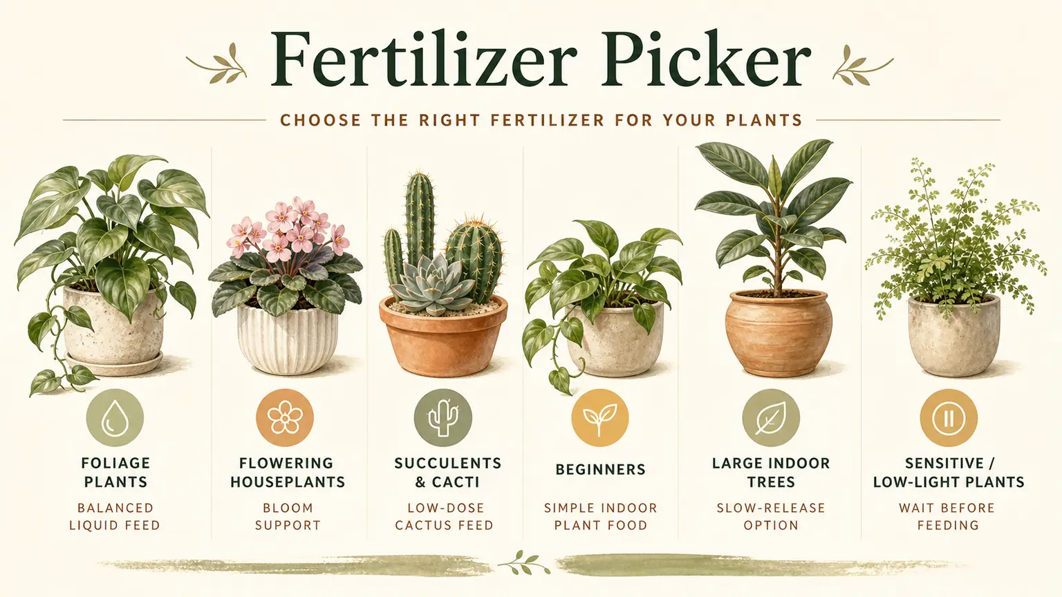 Illustrated indoor plant fertilizer picker by plant type and feeding style