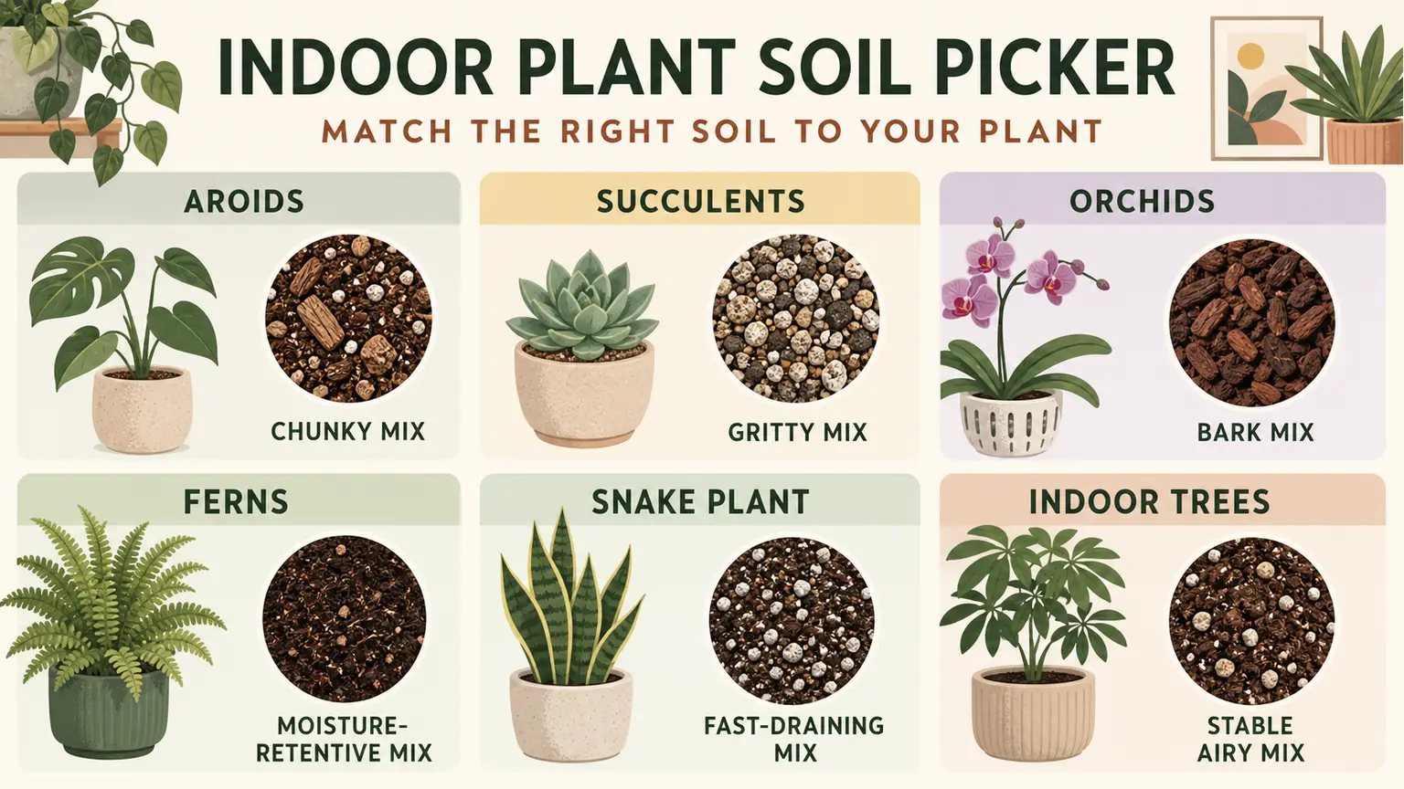 Illustrative soil picker matching aroids, succulents, orchids, ferns, snake plants, and indoor trees to potting mix types