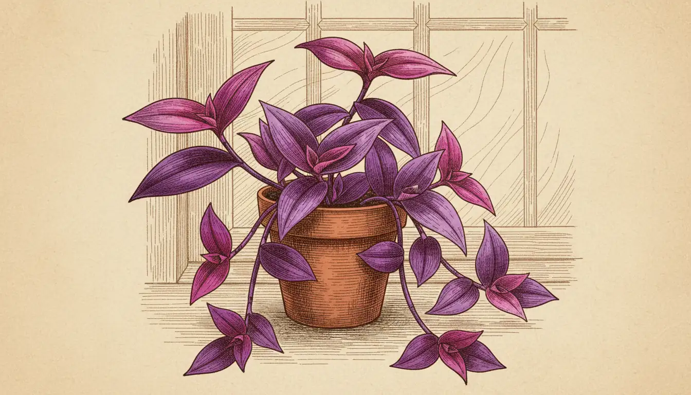 indoor purple heart plant in bright window with vibrant purple leaves