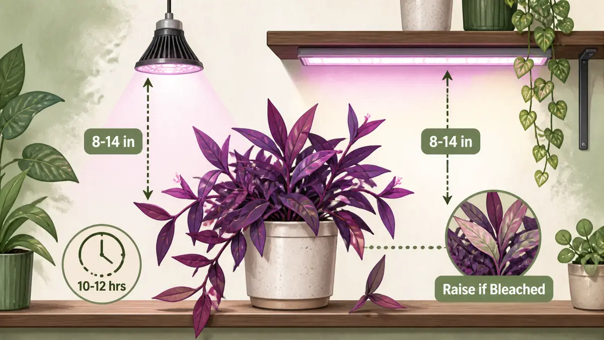 indoor purple heart plant grow light distance infographic