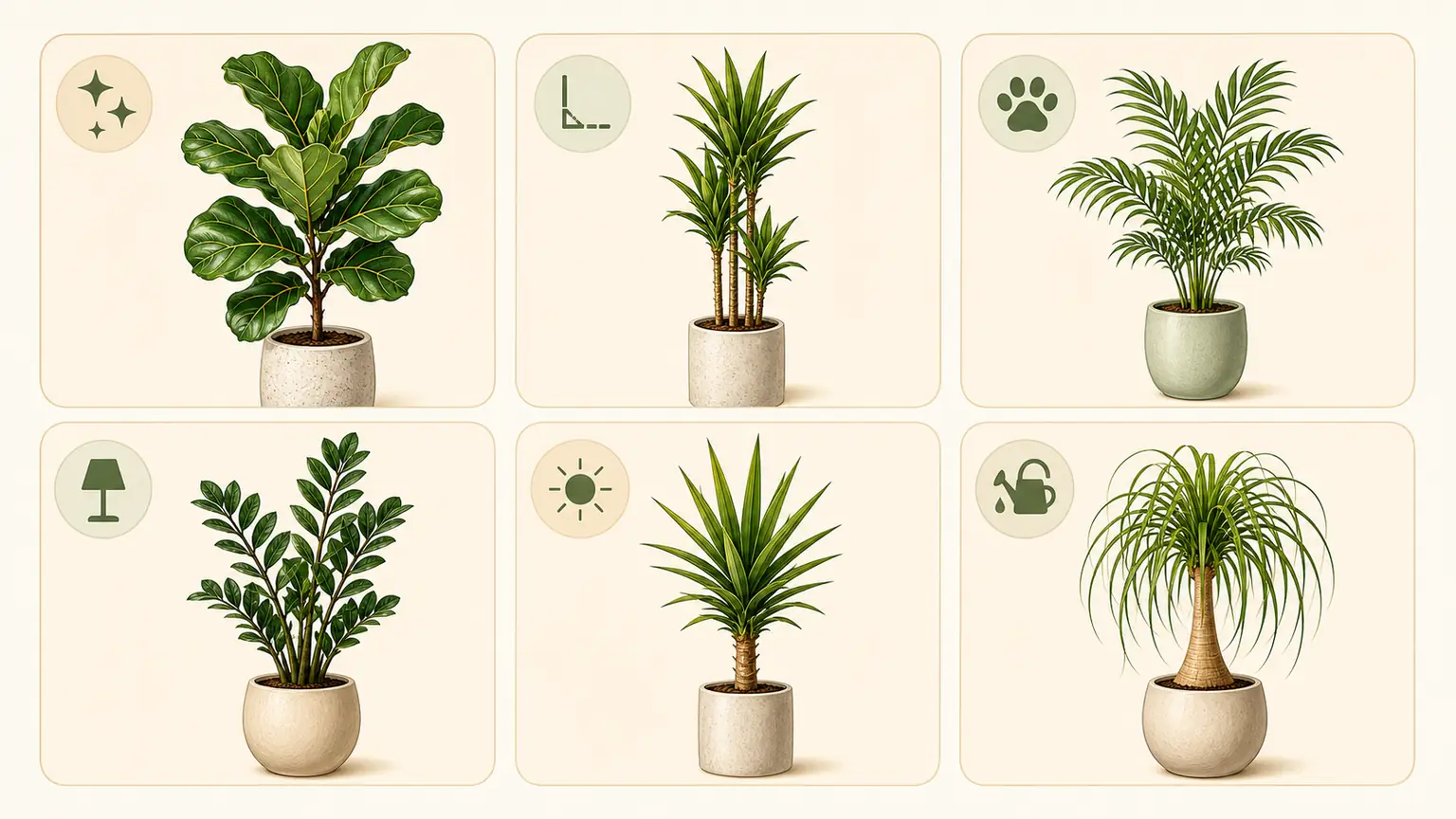 Illustrative indoor tree picker by use case including statement tree, narrow corner, pet-safer, low light, sunny window, and forgetful waterer