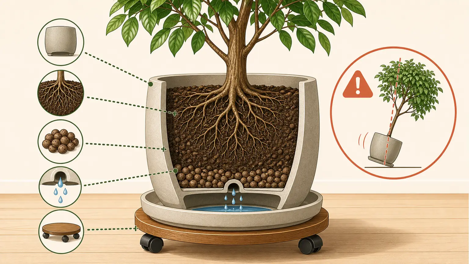 Illustrative pot stability guide for tall indoor trees with drainage, heavy planter, saucer, and plant caddy
