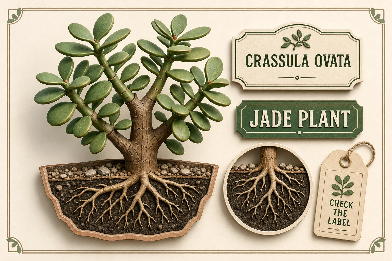 Stylized 3D botanical identification plate showing a jade plant with opposite fleshy leaves, branching stems, and a root-zone boundary