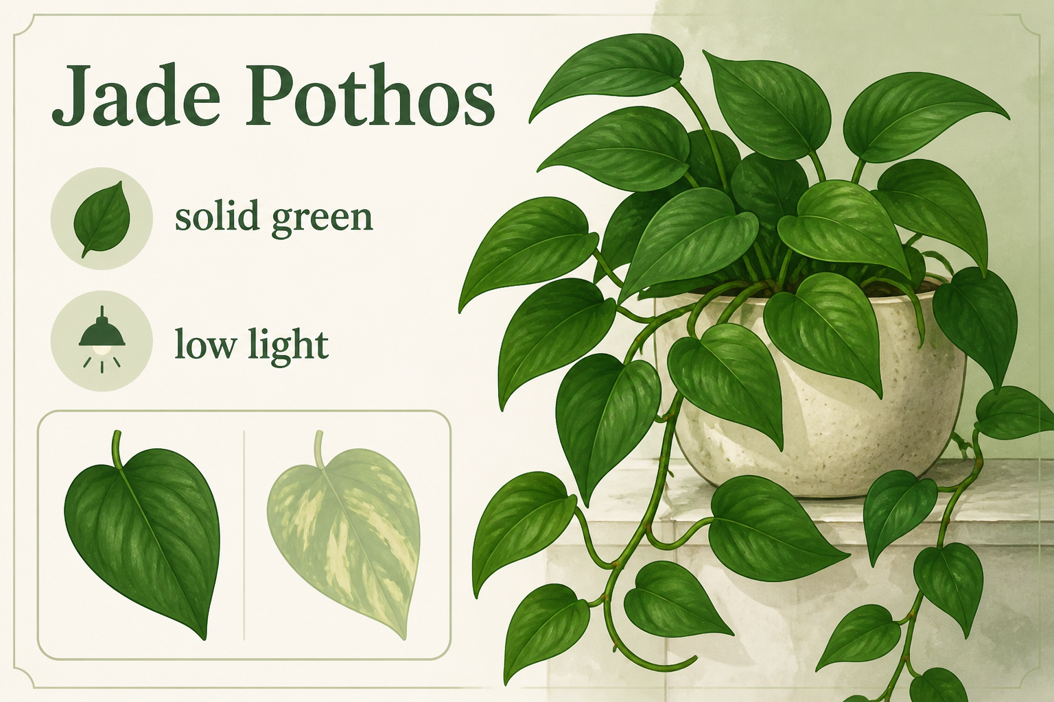 Illustrated visual ID guide for Jade Pothos showing its typical leaf pattern