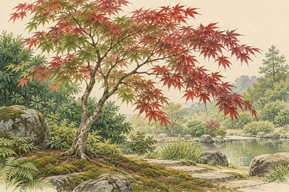 Illustrated Japanese maple with an airy red and green canopy in a garden.