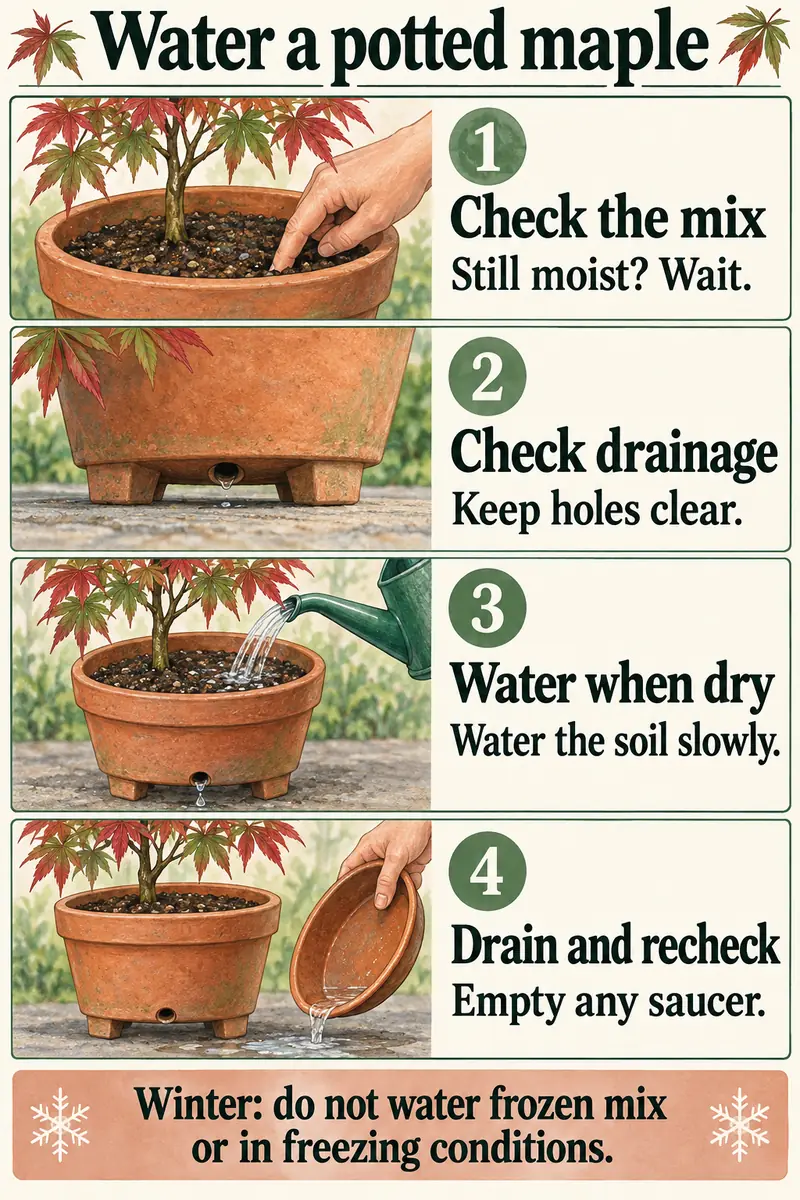 Four illustrated steps for watering a potted Japanese maple: check the mix, check drainage, water when dry, and drain and recheck.