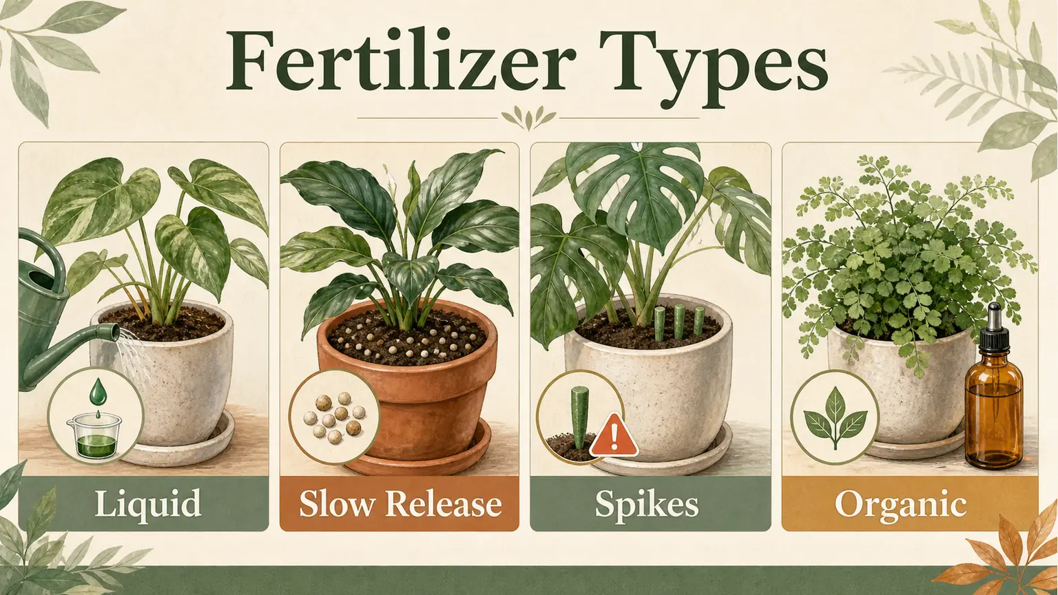 Illustrated comparison of liquid, slow-release, spike, and organic indoor plant fertilizers
