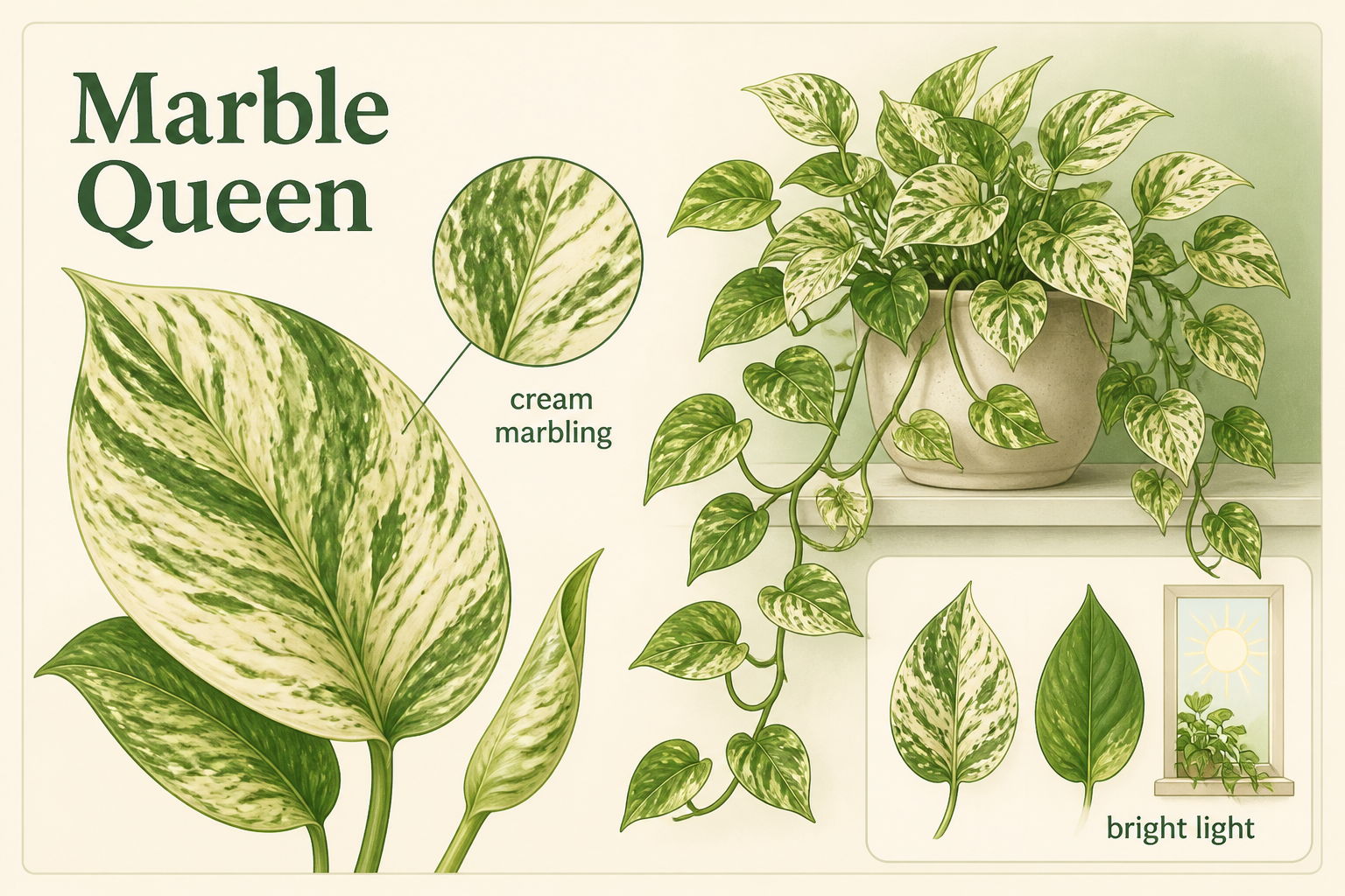 Illustrated visual ID guide for Marble Queen Pothos showing its typical leaf pattern