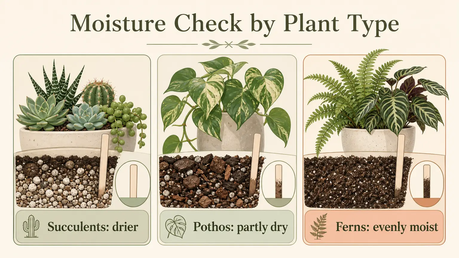 Illustrated plant groups showing succulents, pothos, and ferns with different moisture needs