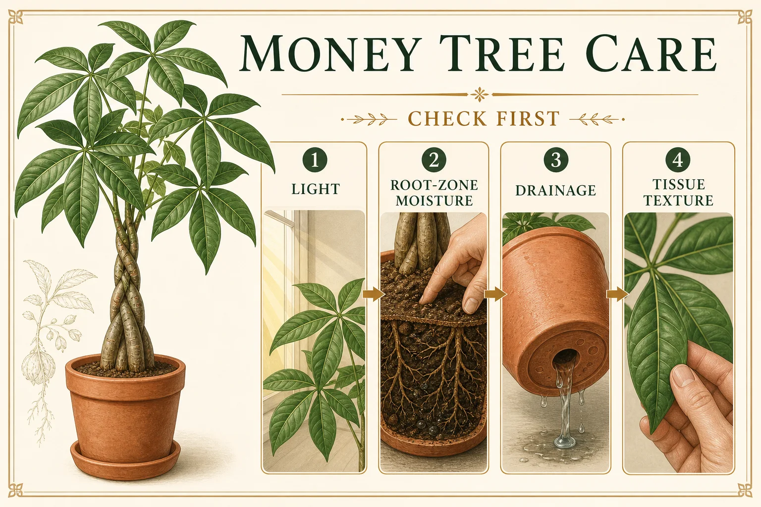 Editorial botanical illustration of a Money Tree with four checks: light, root-zone moisture, drainage, and tissue texture