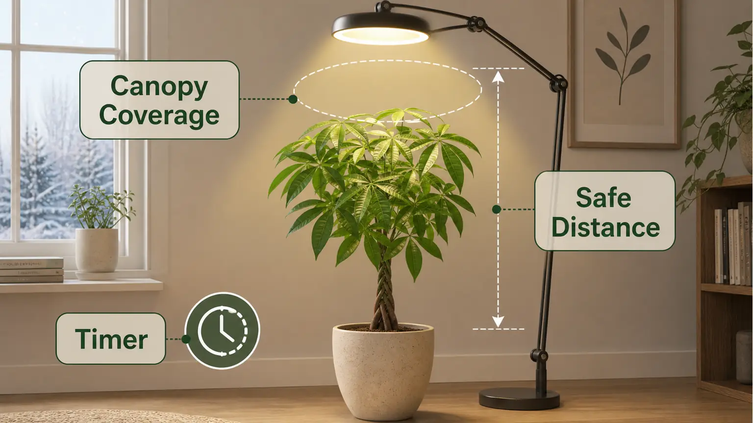 Illustrated grow light setup for a money tree houseplant