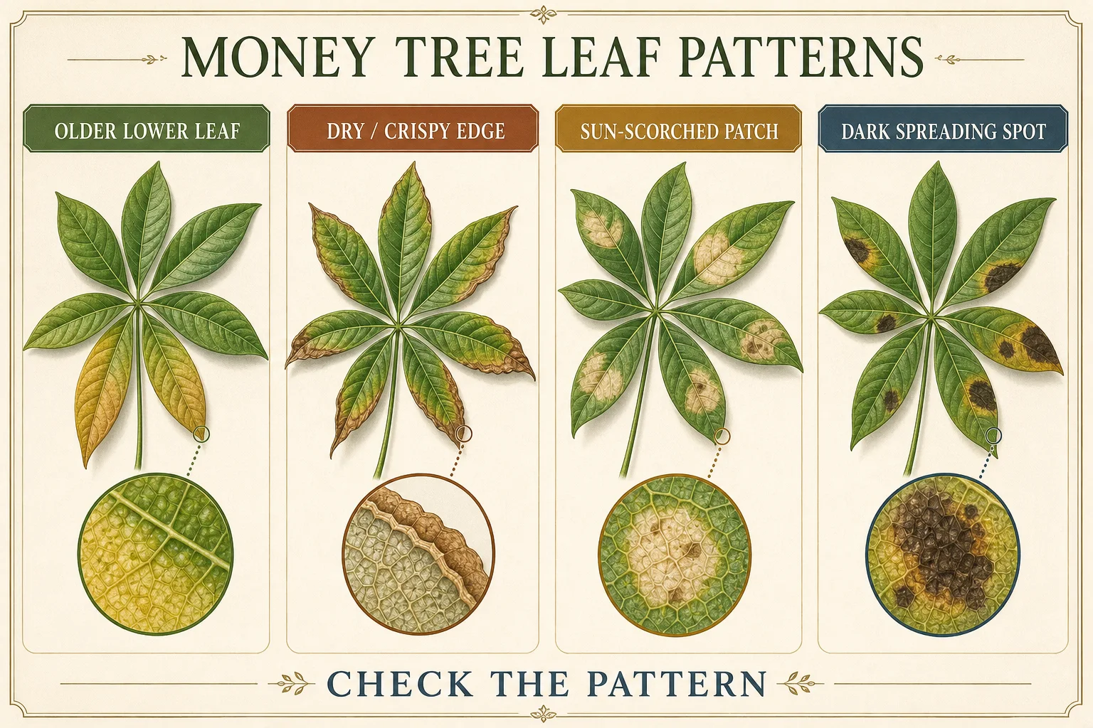 Editorial botanical illustration of four Money Tree leaf patterns: an older lower leaf, dry crispy edge, sun-scorched patch, and dark spreading spot