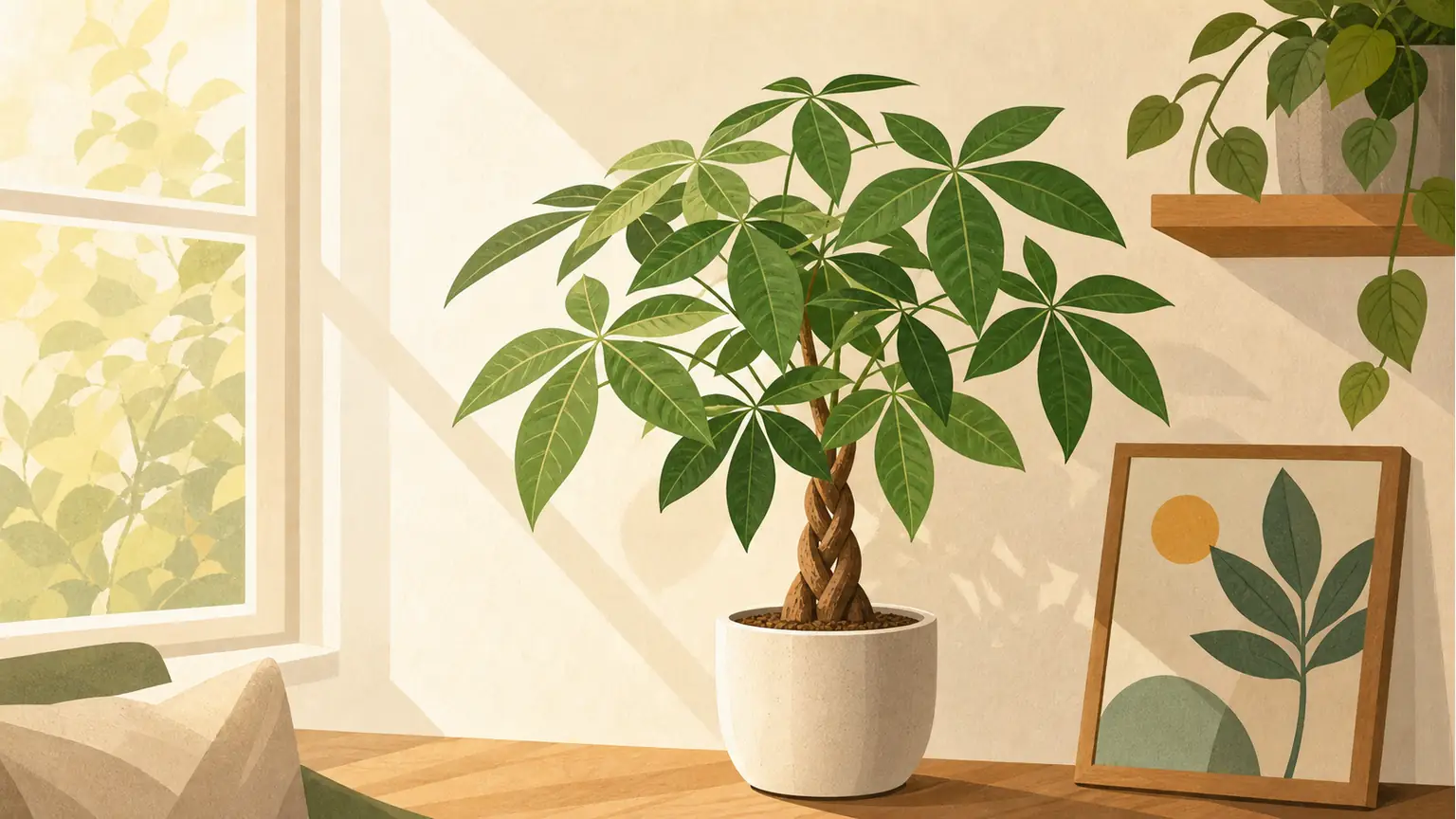 Illustrated money tree near a bright indoor window for a light requirements guide