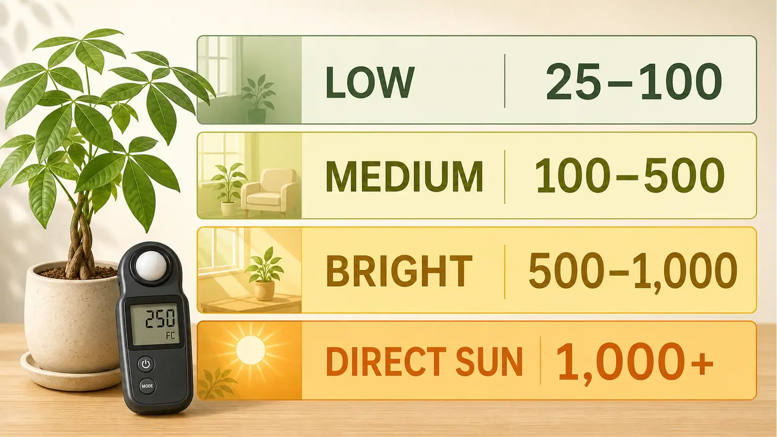 Illustrated indoor light meter ranges for money tree placement