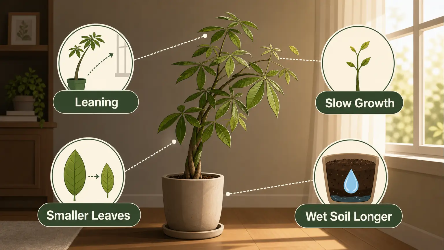 Illustrated signs of too little light on a money tree houseplant