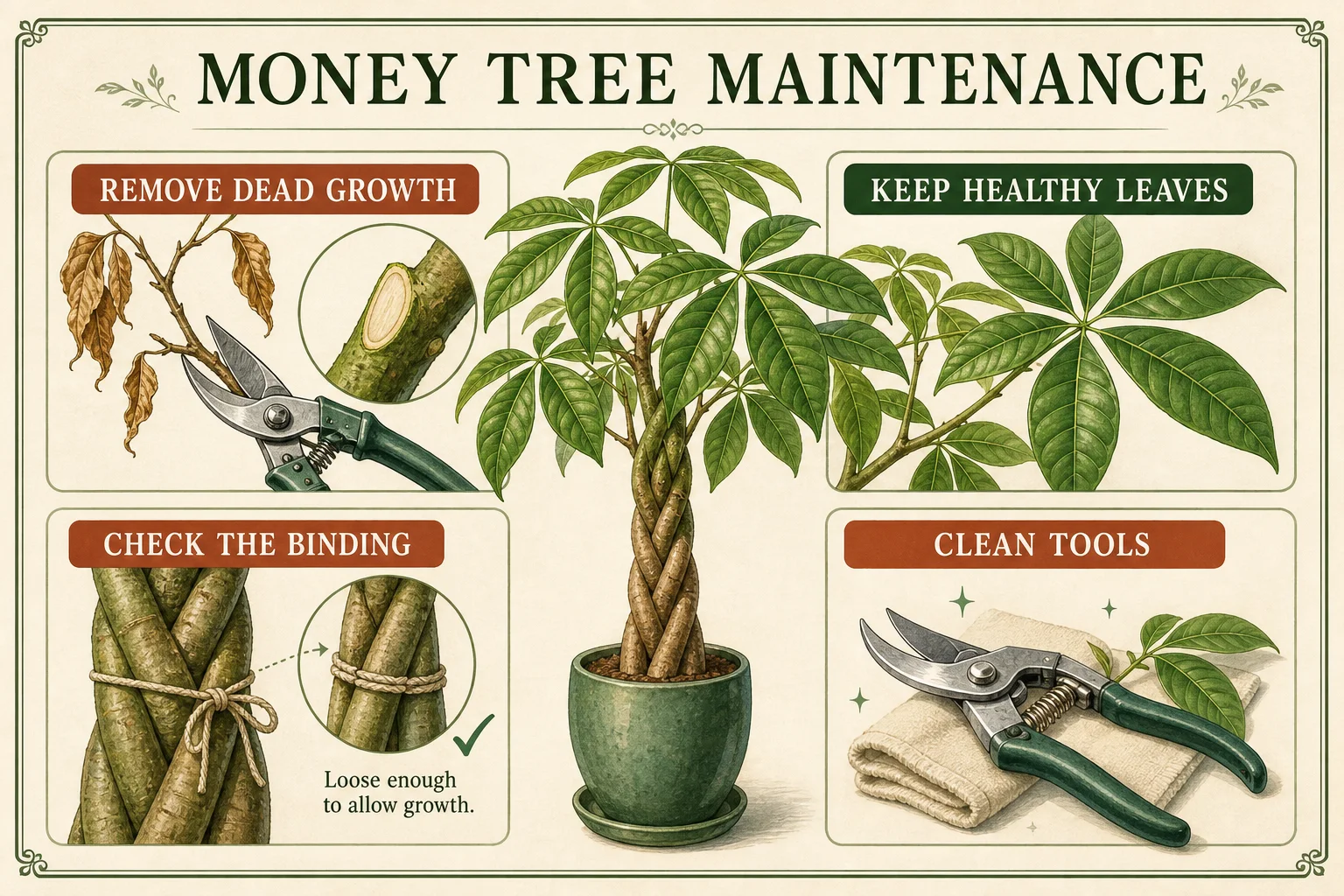 Editorial botanical illustration showing selective Money Tree pruning, healthy leaves, a loose trunk binding, and clean tools