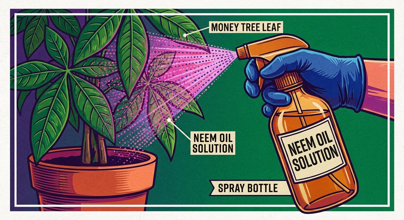 Treating money tree problems with neem oil spray.