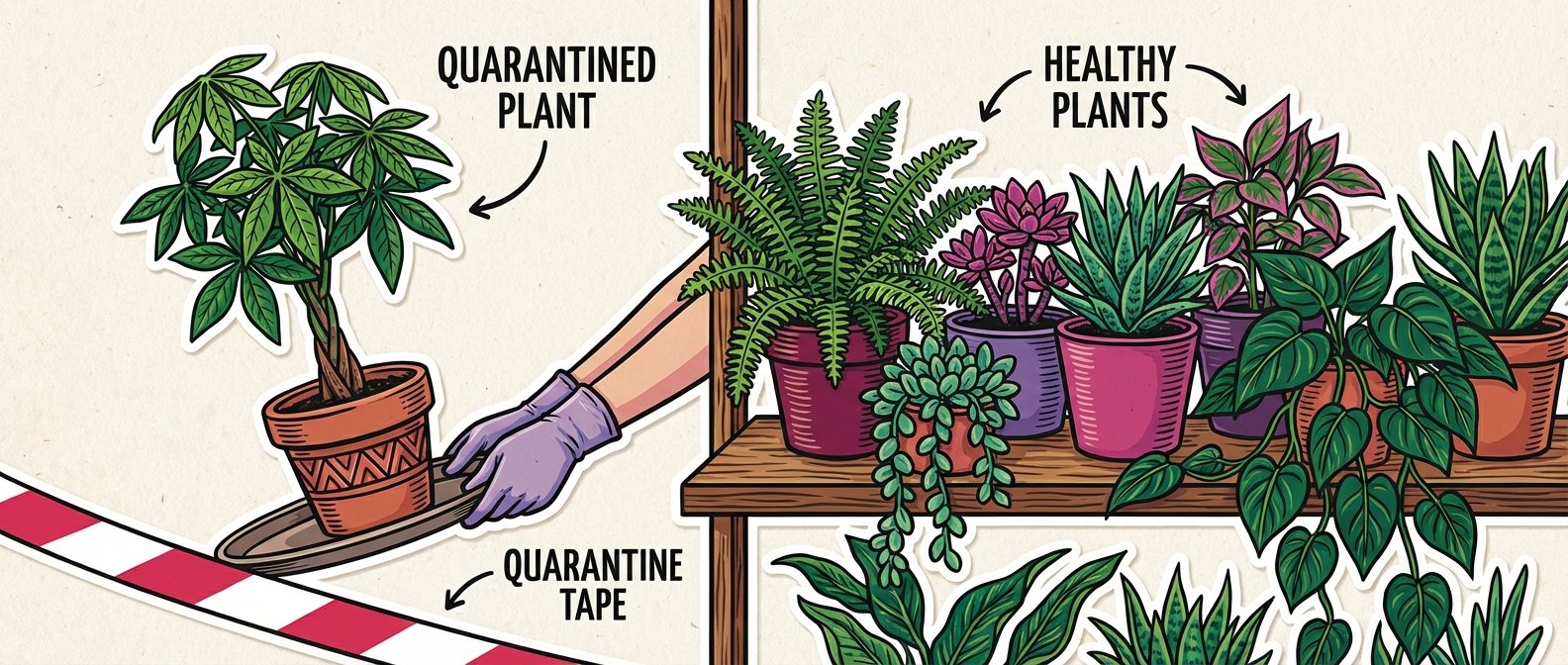 Quarantining a money tree to prevent spread of pests, addressing money tree problems.