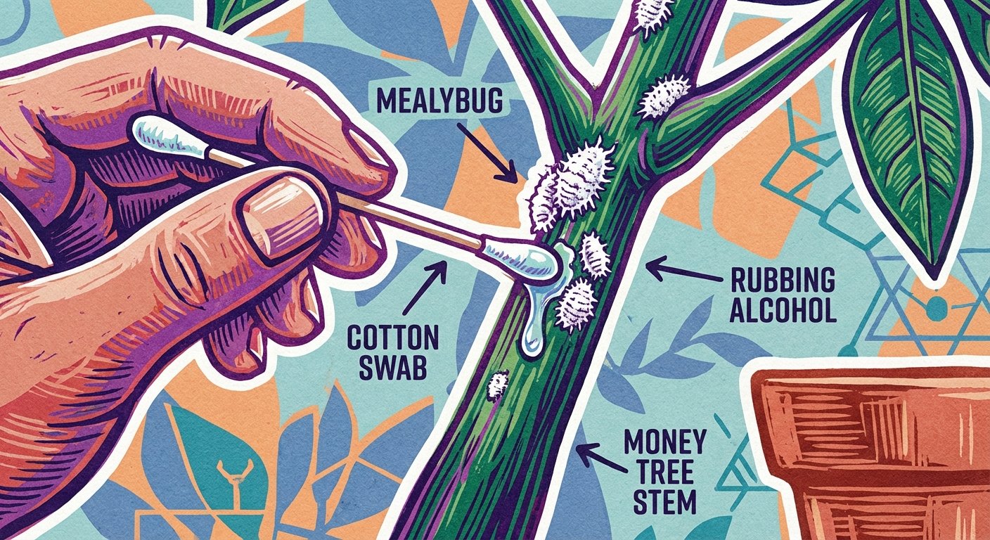 Removing mealybugs from a money tree with rubbing alcohol, solving money tree problems.