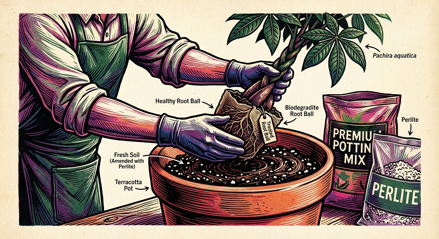 Repotting money tree after root rot treatment, important step in resolving money tree problems.