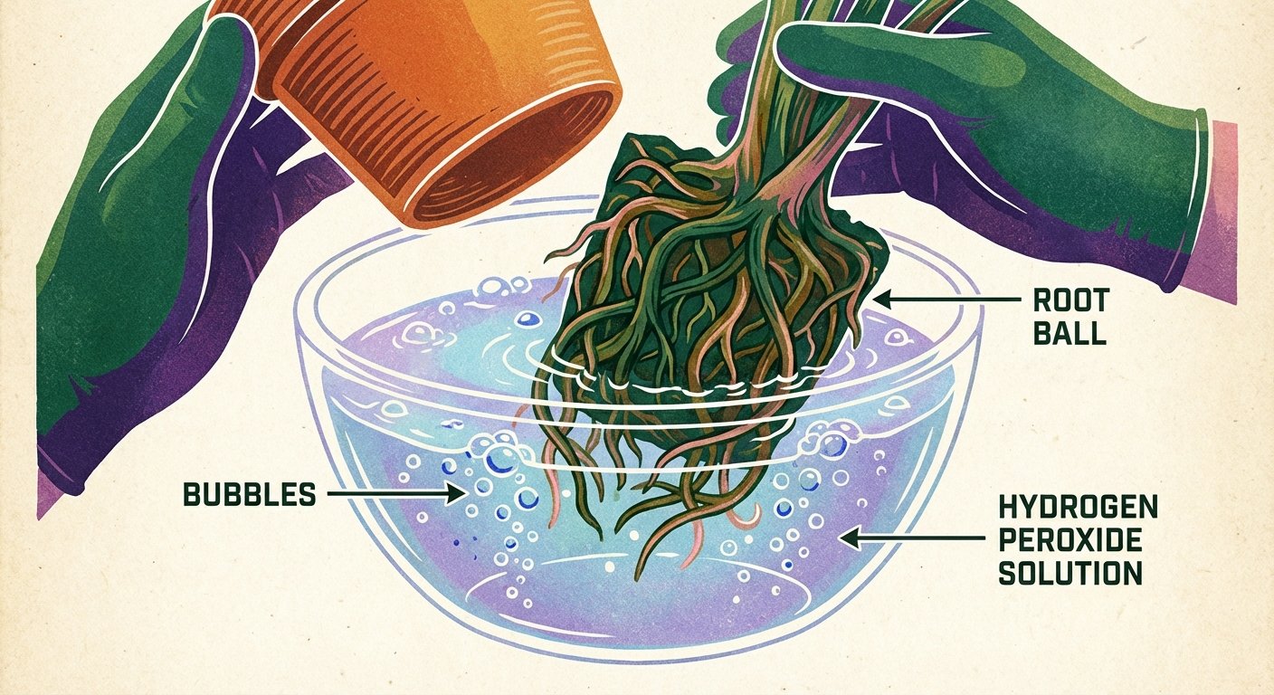 Sterilizing roots with hydrogen peroxide to fix money tree problems from root rot.