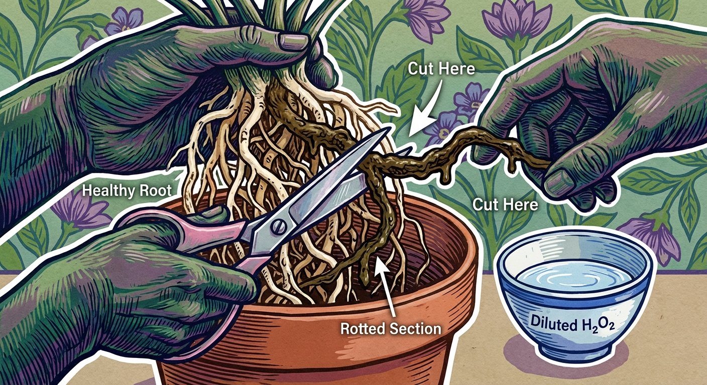 Treating root rot in money tree problems by cutting away infected roots.