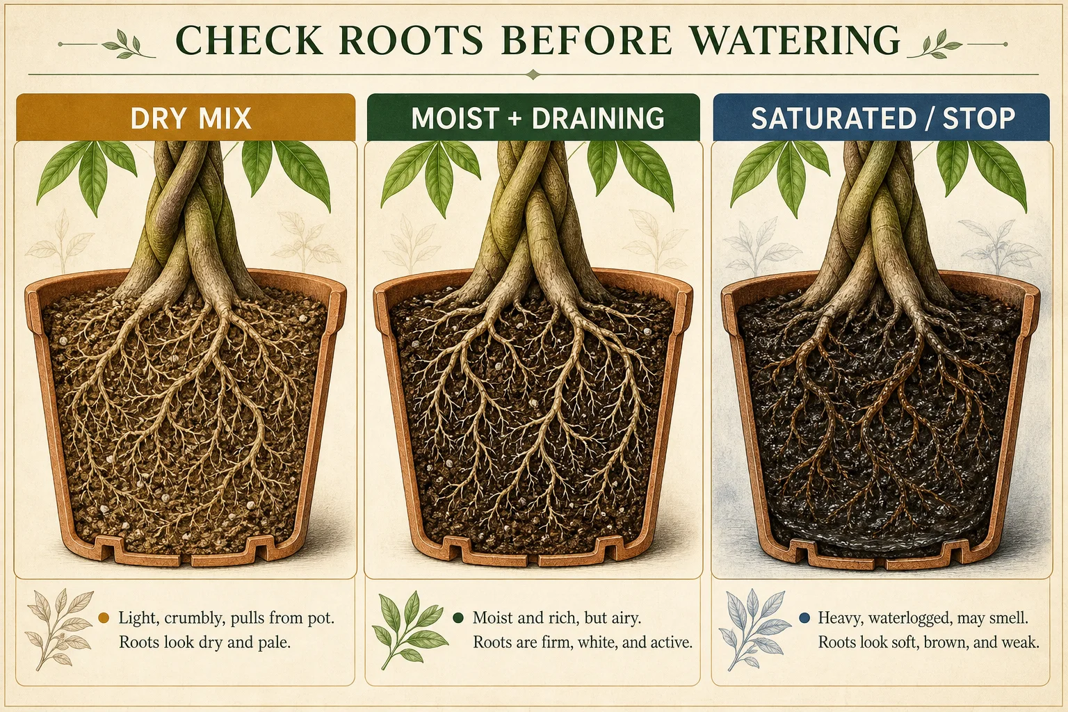 Editorial cutaway illustration comparing a dry mix, a moist draining root zone, and a saturated root zone before watering a Money Tree