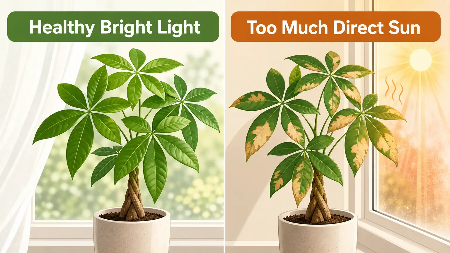 Illustrated healthy bright light versus sun scorch on money tree leaves