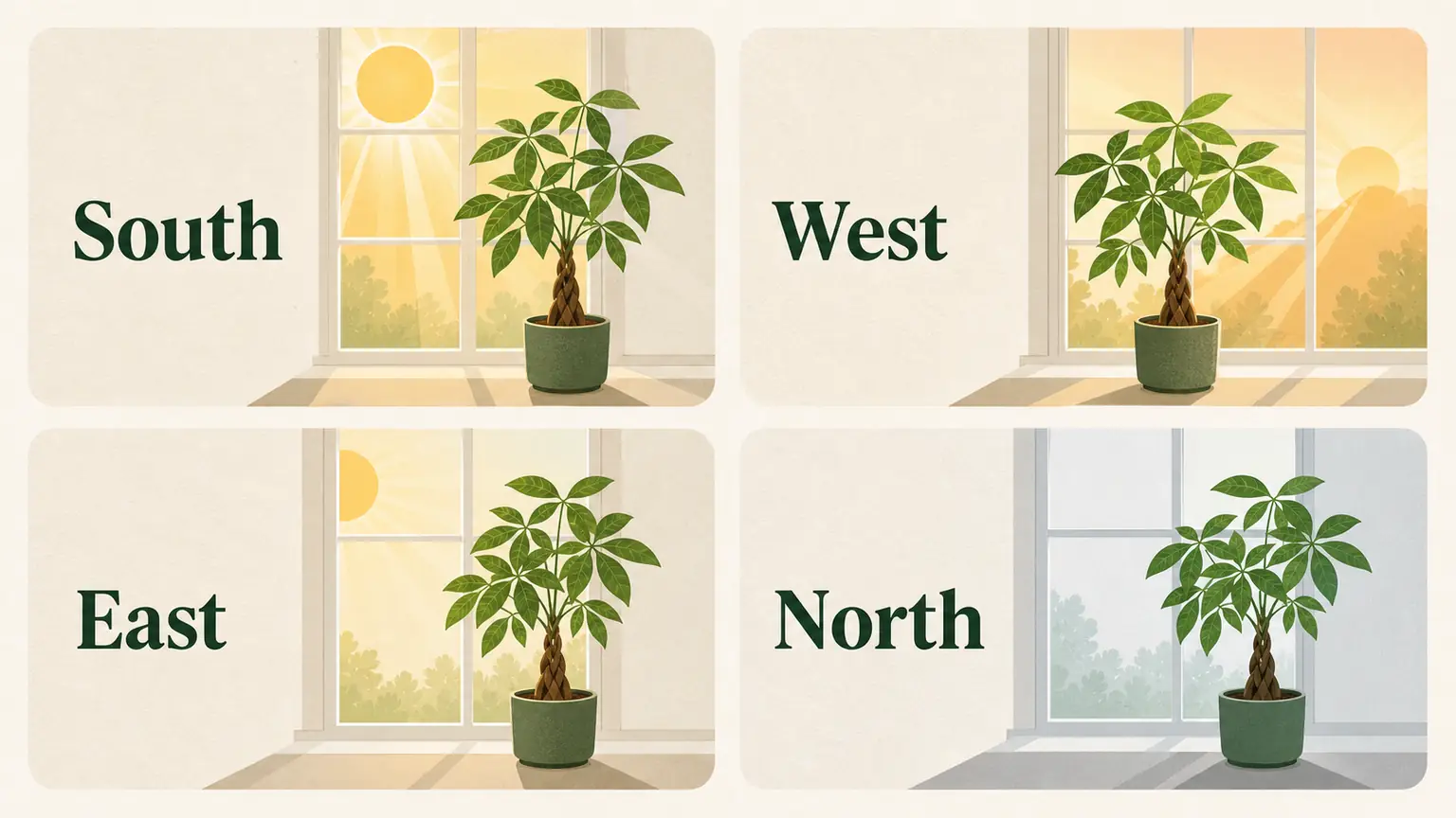 Illustrated money tree window placement guide for south, west, east, and north windows
