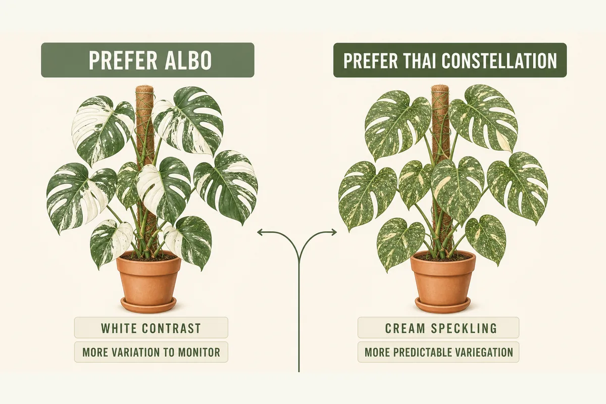 Buyer decision comparison between Monstera Albo for white contrast and Thai Constellation for cream speckling and more predictable variegation