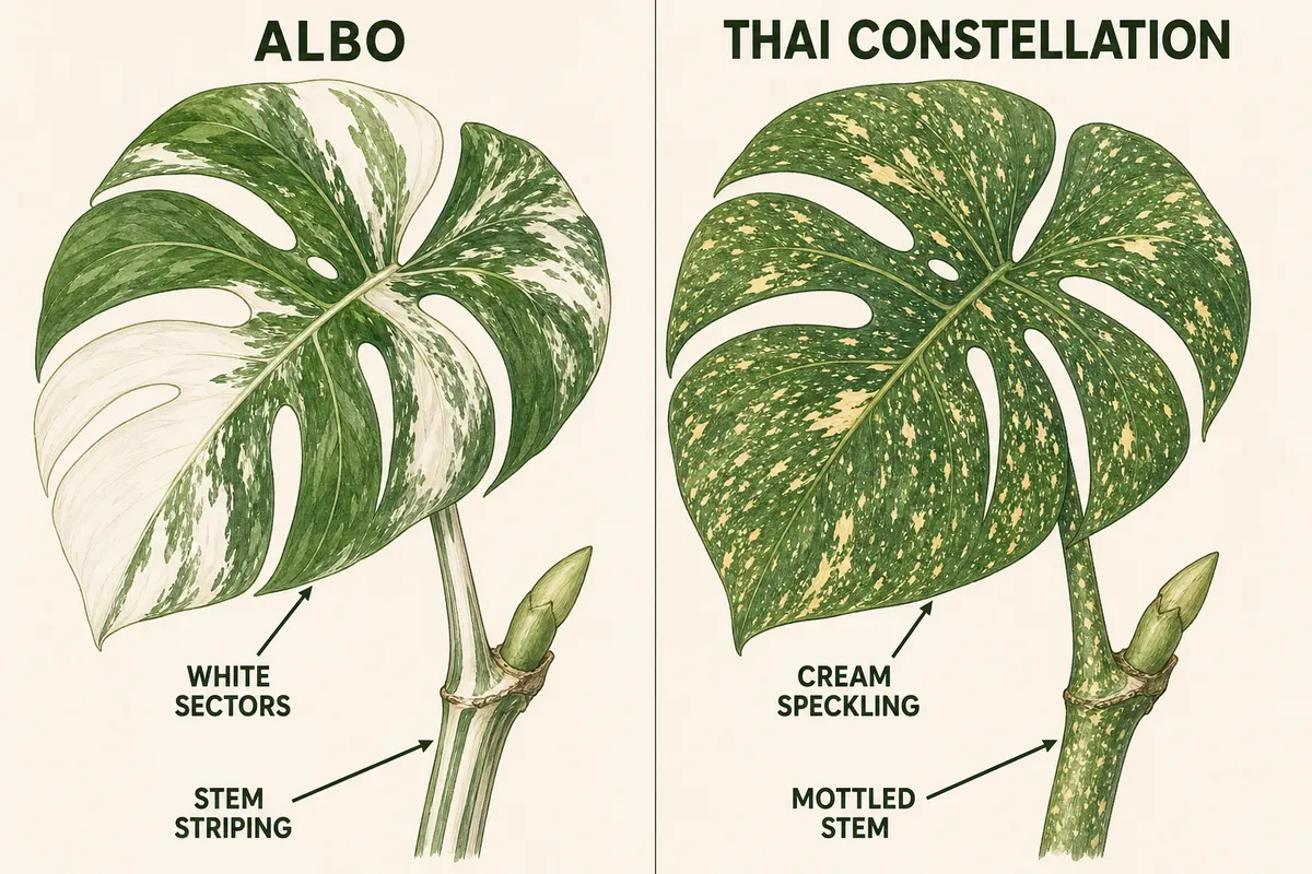 Monstera Albo and Thai Constellation leaf and stem patterns, showing white sectors and stem striping versus cream speckling and mottling