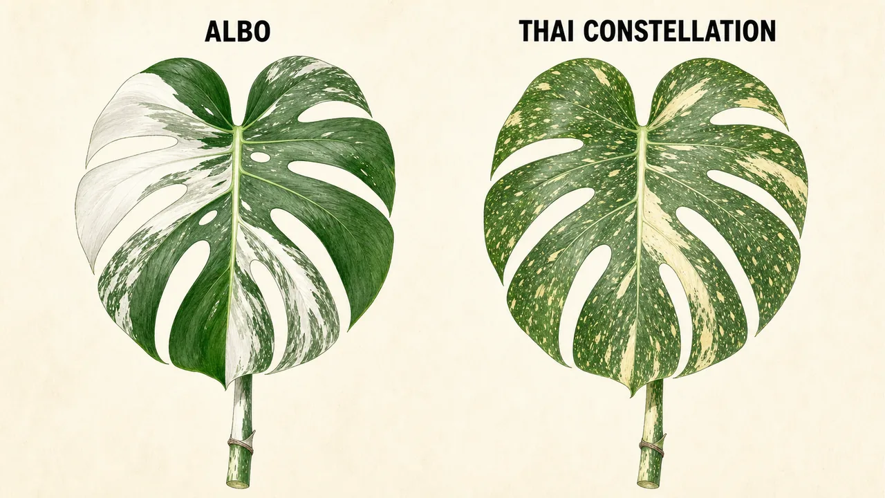 Side-by-side botanical comparison of a white-sector Monstera Albo leaf and a cream-speckled Thai Constellation leaf