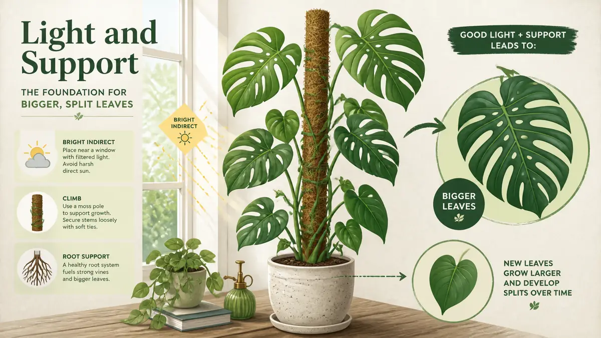 monstera light and climbing support setup for fenestration