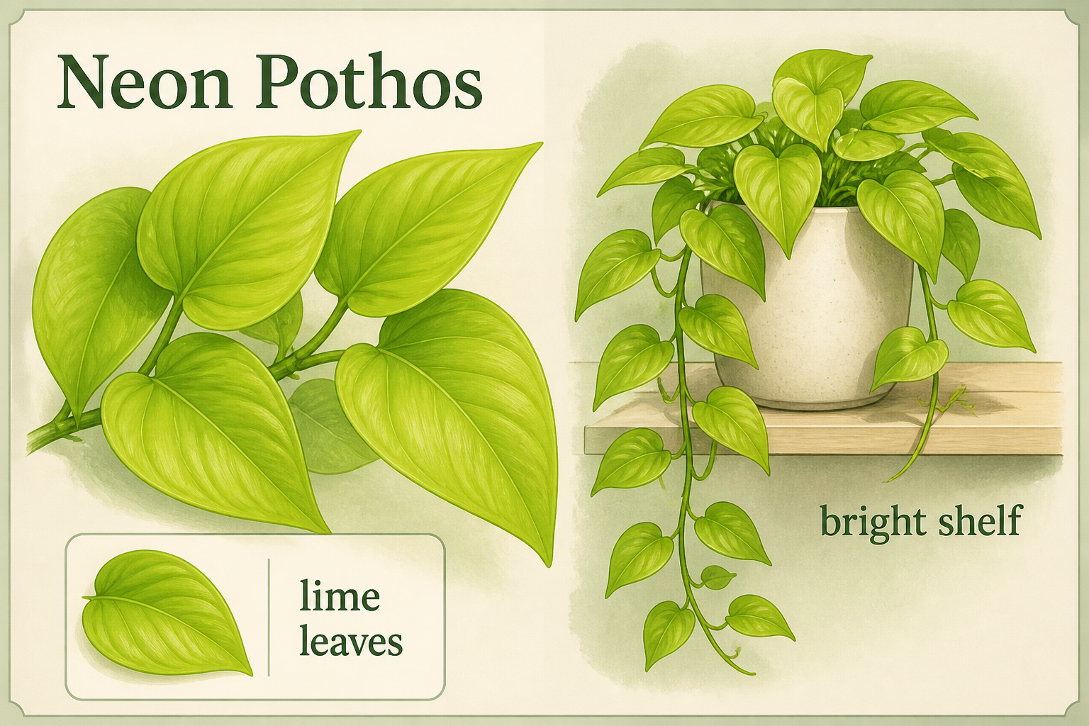 Illustrated visual ID guide for Neon Pothos showing its typical leaf pattern