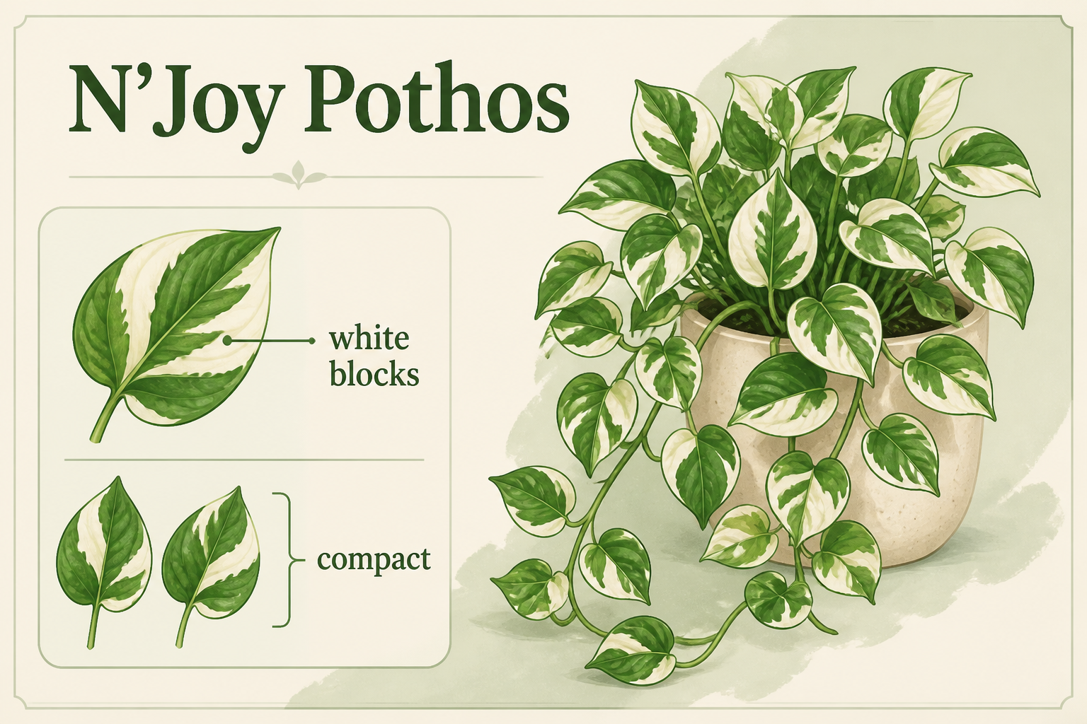 Illustrated visual ID guide for N’Joy Pothos showing its typical leaf pattern