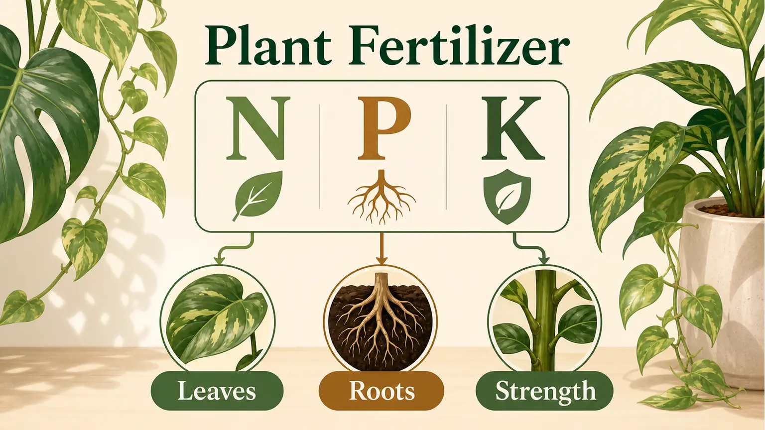 Illustrative NPK fertilizer label explaining nitrogen, phosphorus, and potassium for indoor plants