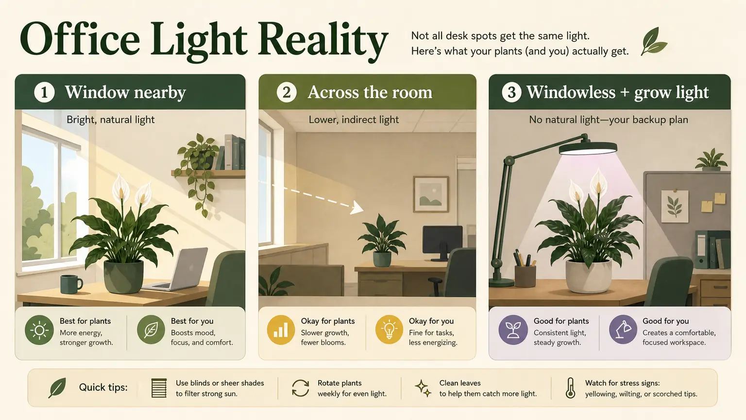 Stylized office light guide comparing a window nearby, across the room, and a windowless office with a grow light