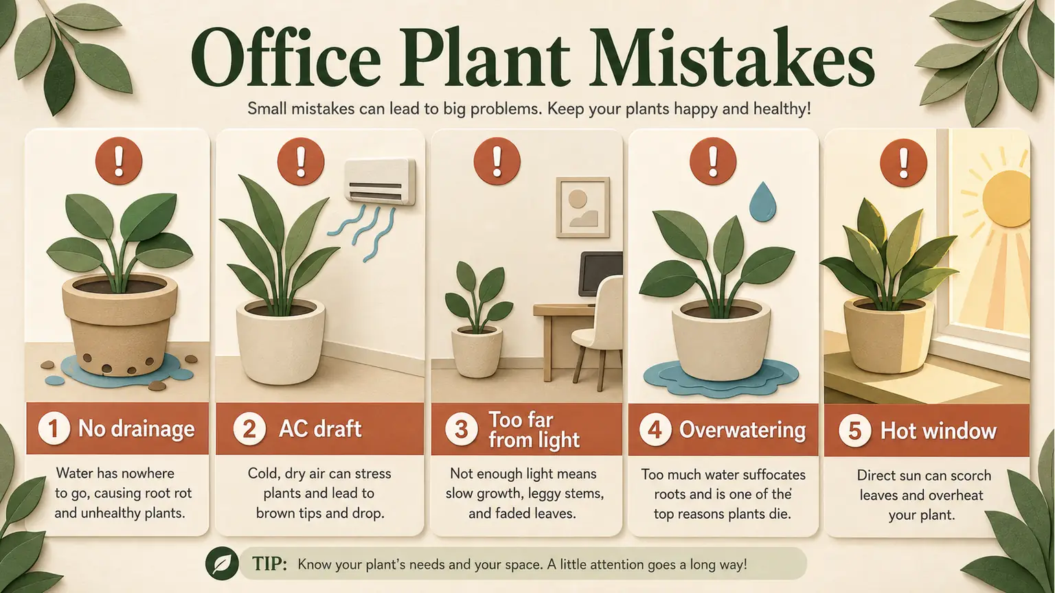 Stylized office plant mistakes including no drainage, AC drafts, low light, overwatering, and hot glass