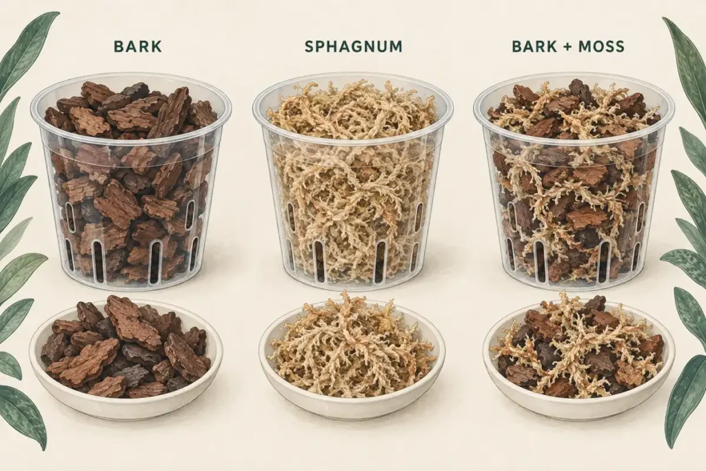 Three matching clear pots show orchid bark, long-fiber sphagnum, and bark mixed with sphagnum.