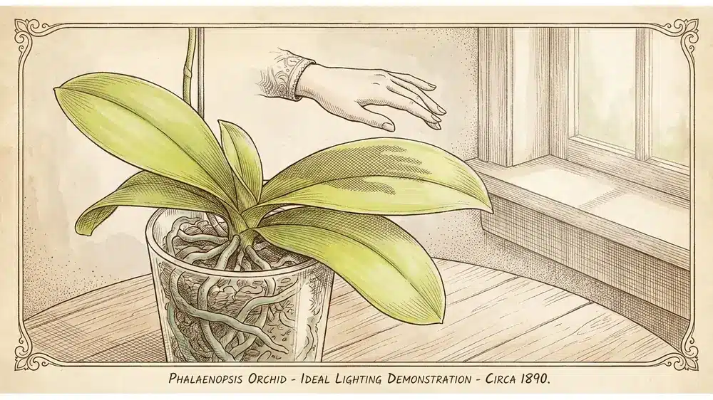 Hand performing shadow test on orchid leaf to measure bright indirect light intensity
