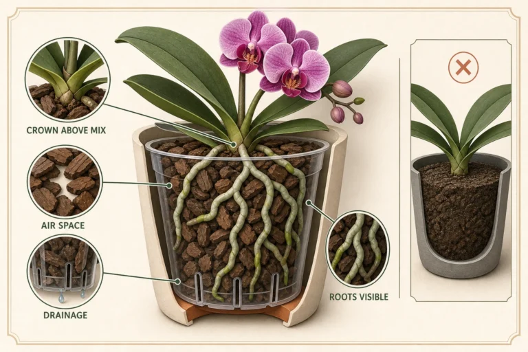 Cutaway Phalaenopsis pot anatomy showing coarse bark, air space, drainage, visible roots, and crown above the medium