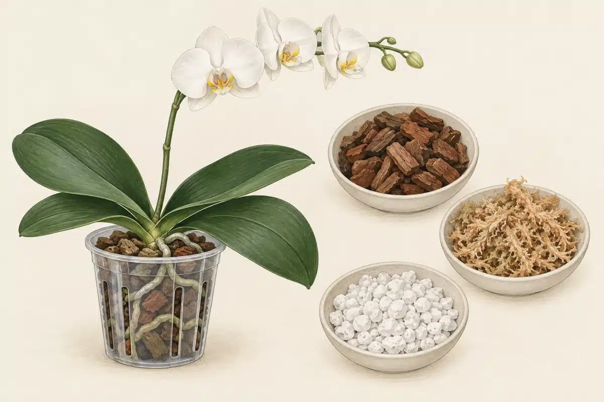 Phalaenopsis in a clear bark-filled pot beside dishes of orchid bark, long-fiber sphagnum, and perlite.