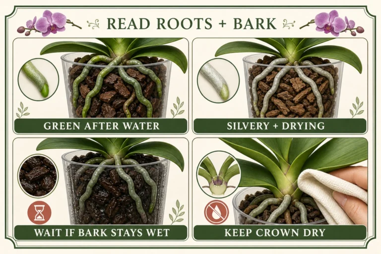 Illustrated Phalaenopsis watering decision aid comparing green roots, silvery drying roots, wet bark, and a dry crown
