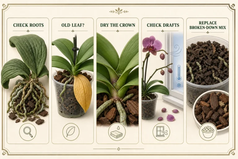 Illustrated Phalaenopsis troubleshooting plate linking wrinkled leaves, an old lower leaf, a wet crown, bud drop, and broken-down bark to first checks