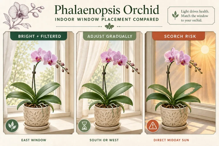 Botanical-editorial window comparison showing bright filtered light, gradual adjustment, and direct-sun scorch risk for Phalaenopsis