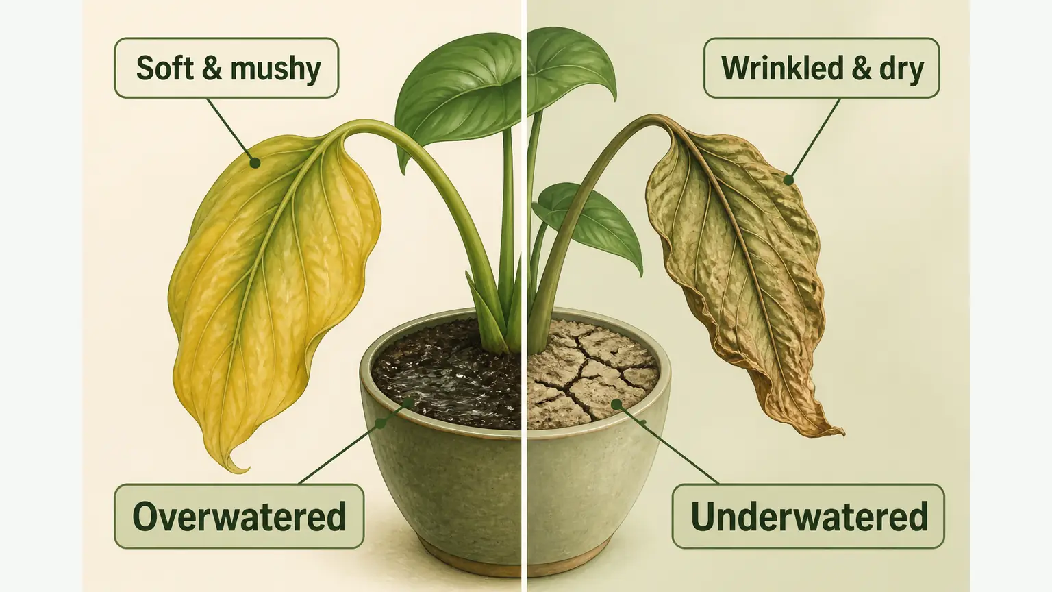 Side-by-side comparison of overwatered and underwatered snake plant leaves
