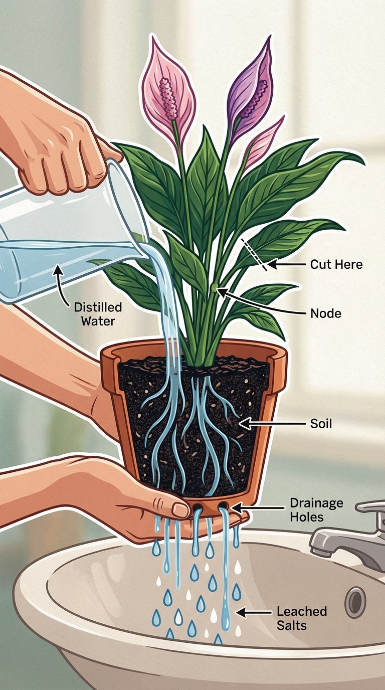 Flushing a peace lily to remove salt buildup causing brown tips.