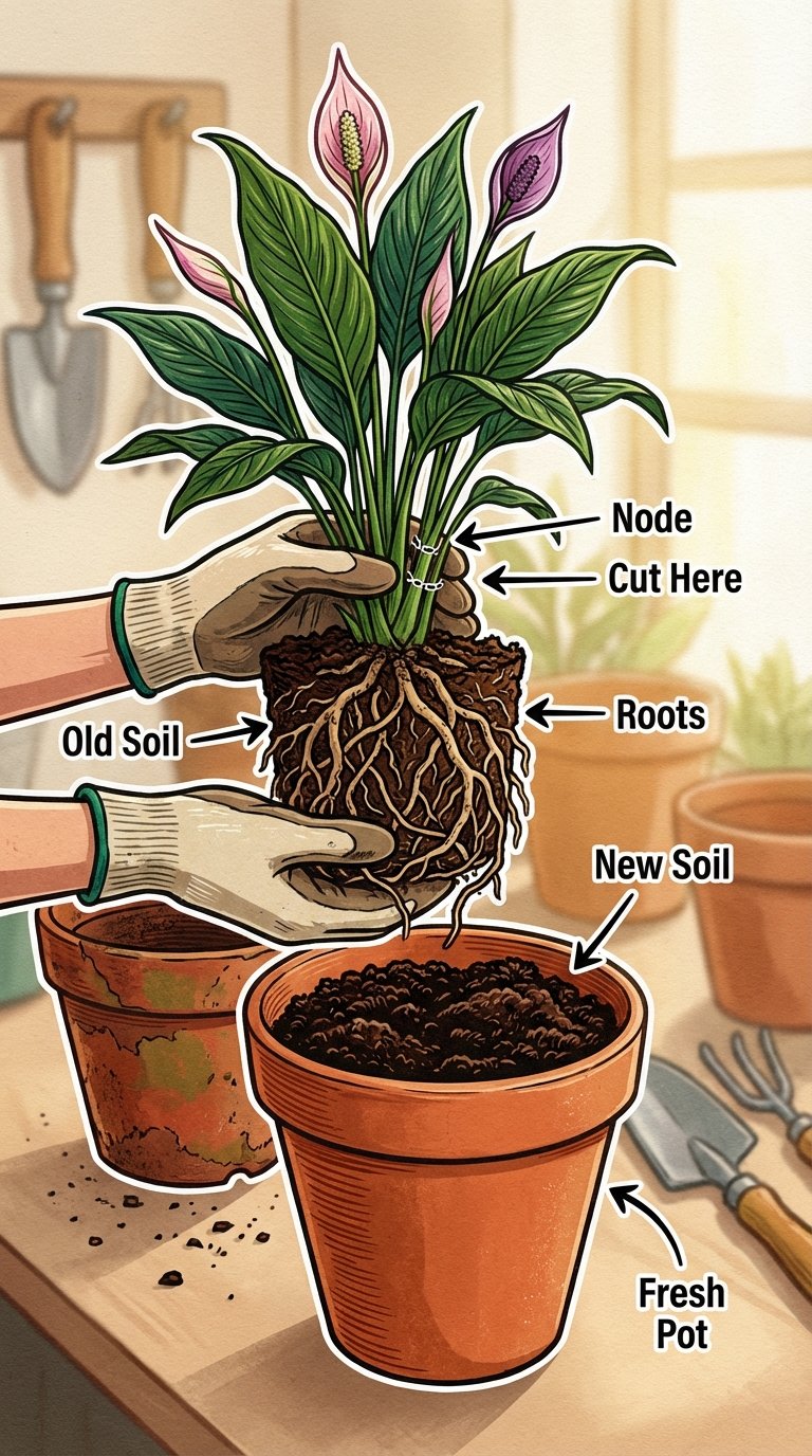 Repotting a peace lily with fresh soil to prevent brown tips.