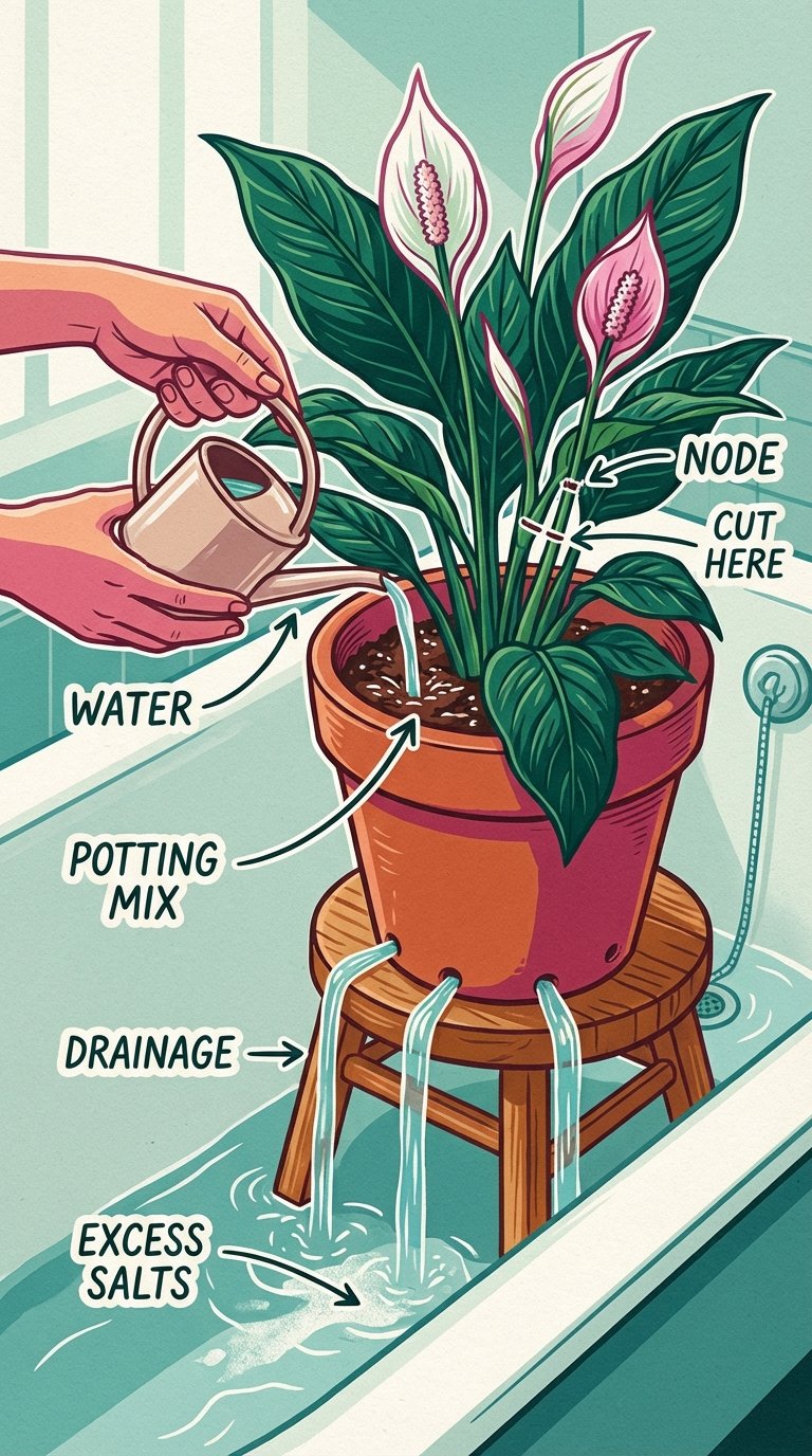 Regular soil flushing prevents mineral buildup and peace lily brown tips.